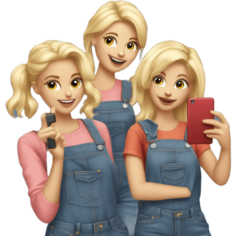 Four blonde ladies in denim overalls, taking a selfie emoji