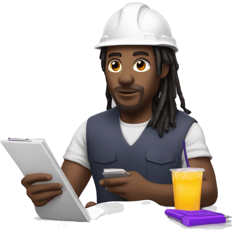 Black man with dreads with a hard hat and clipboard and a purple drink in other hand  emoji