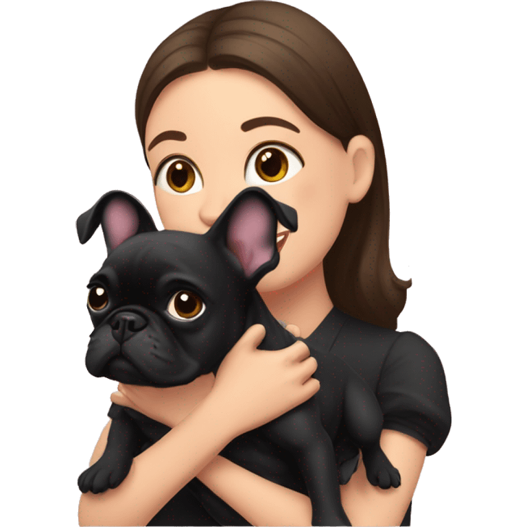 Brunette hugs a black French bulldog with a pink bow emoji