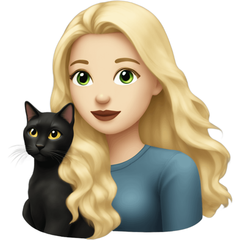 Pretty long blonde haired woman with gray eyes kissing Black cat emoji