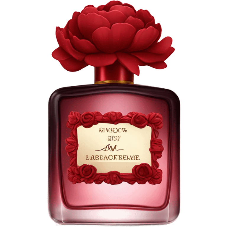 Dark red classic perfume bottle with red peonies and a velvet red bow emoji