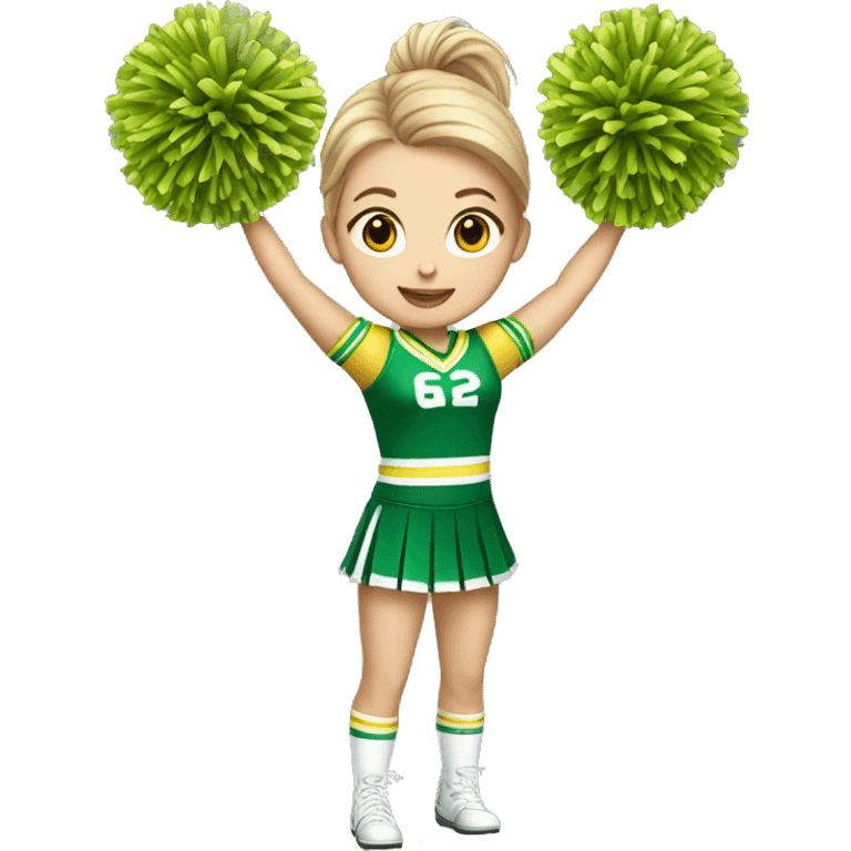 White girl Cheerleader cheering with green and yellow uniform and poms emoji