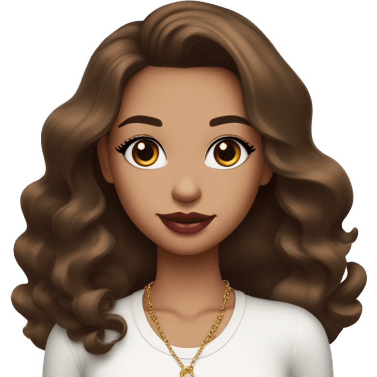 Girl with brown cateyes and a fair skin tone long eyelashes with long dark brown hair in a side parting in a wavy/blowout effect style wearing white scoop neck top and wearing a gold necklace and has plump pink glossy lips emoji