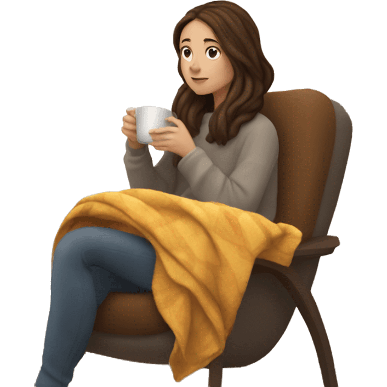 Brunette white girl covered in blanket autumn vibe sitting on a cozy chair holding coffee, window on the background emoji