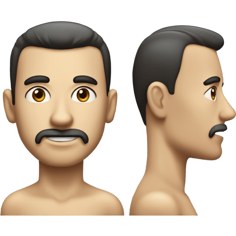 a narrow face with high cheekbones, a prominent forehead, and deep-set, piercing eyes. He had dark brown hair styled in a side part and was known for his distinctive toothbrush mustache. emoji