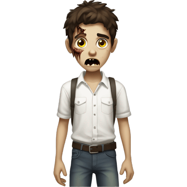 boy zombie teen with scared expression and dark brown hair and white slim shirt emoji