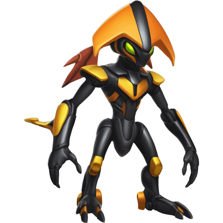 a shiny metallic black-orange-yellow Genesect-Flygon-Raptor-Fakémon-Medabot-hybrid with a futuristic visor-helmet full body emoji