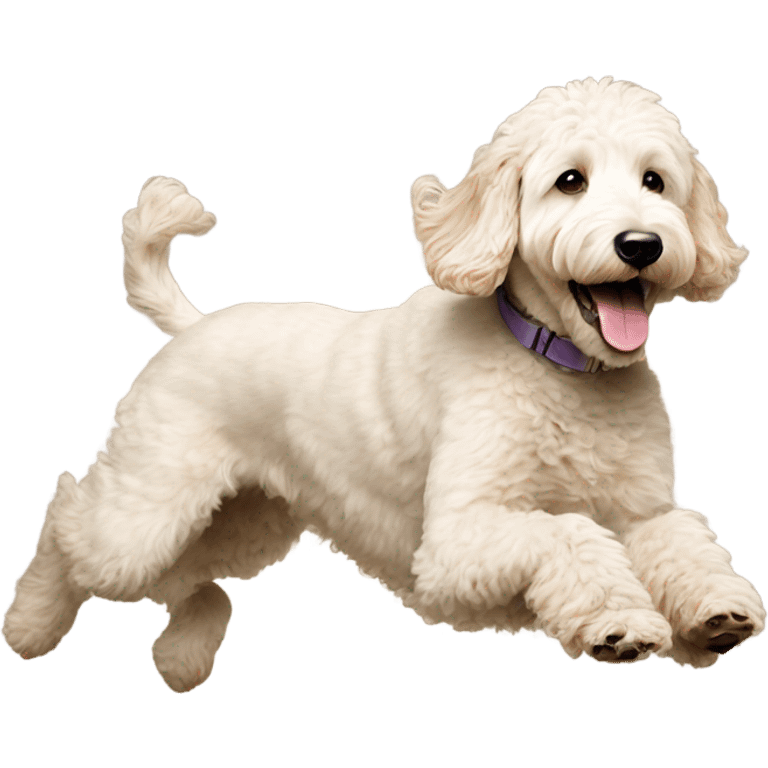 white goldendoodle jumping birthday present to  emoji