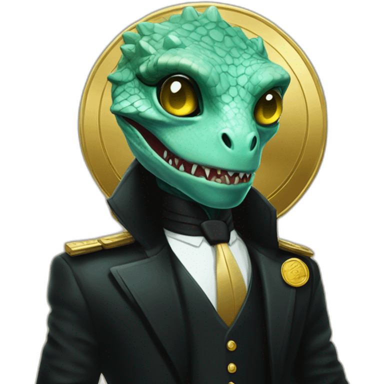 Aquamarine reptilian in black suite with laser eyes on the golden coin in background emoji