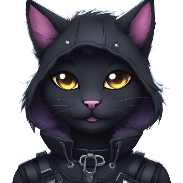 Gorgeous furry gothic dark techwear anime style anthro black cat furry sona Fakemon with blushing face aesthetic and pretty edgy black with collar and harness trending style emoji