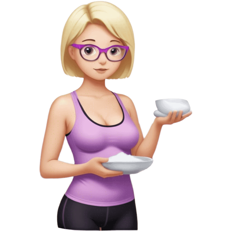 Thick fair skinned woman, short blond hair, small light purple reading glasses, washing dishes, sheer pink tank top, showing natural B cup breast shape SFW, black yoga pants, thick booty emoji