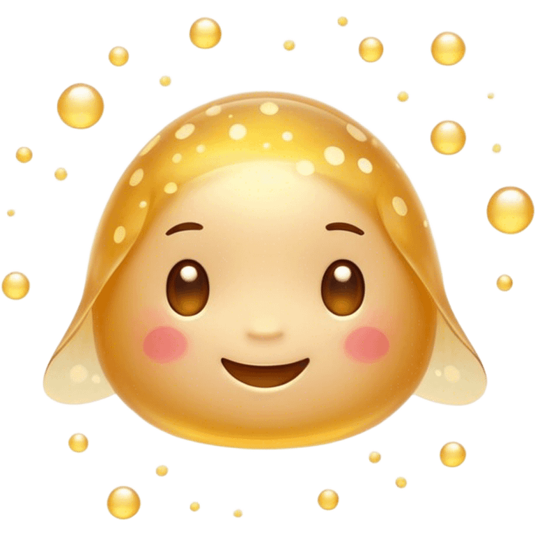 Cinematic tiny glowing firefly, round and chubby, soft golden light, tiny happy face, gentle floating motion, surrounded by dreamy sparkling dots. emoji