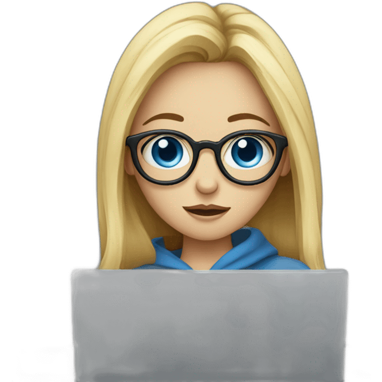 a blue-eyed girl with glasses and a laptop having a bad cold emoji