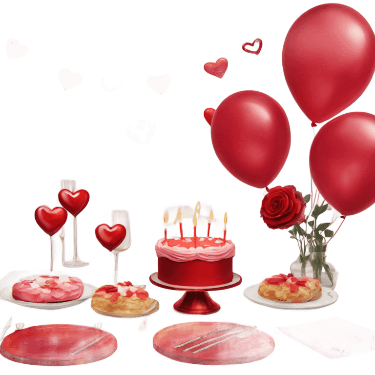 Red romantic party setting for two people and heart balloon  table with white cloth and candle with bows on the table and white Korean cake emoji