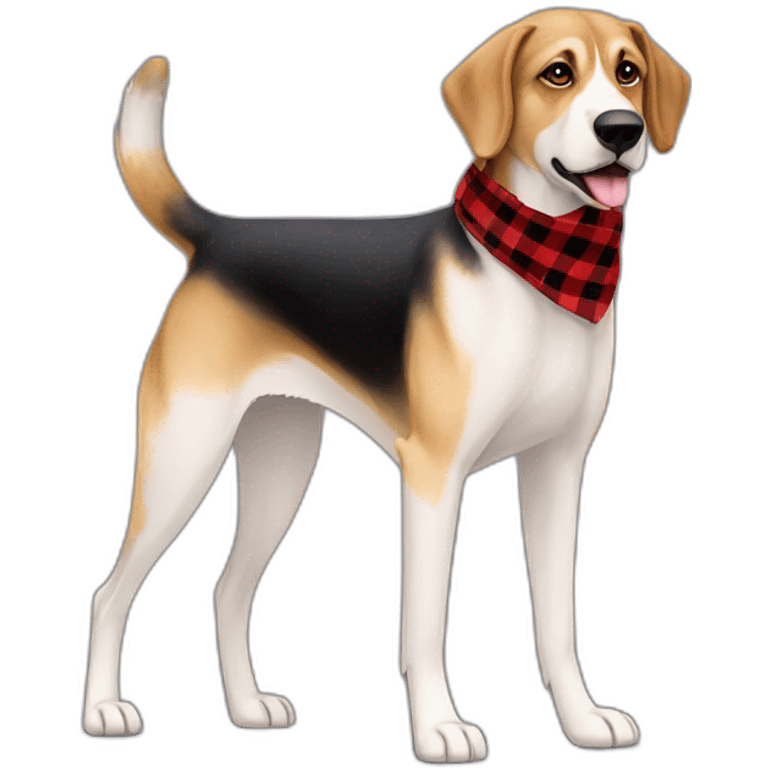 adult 75% Coonhound 25% German Shepherd mix dog with visible tail wearing small pointed red buffalo plaid bandana full body walking left quickly emoji