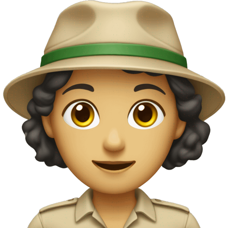 female zookeeper, wearing a plain beige shirt and a plain dark cap. on the beige shirt, there is a small logo, that looks like a yellow square with a dark green border with a happy face emoji