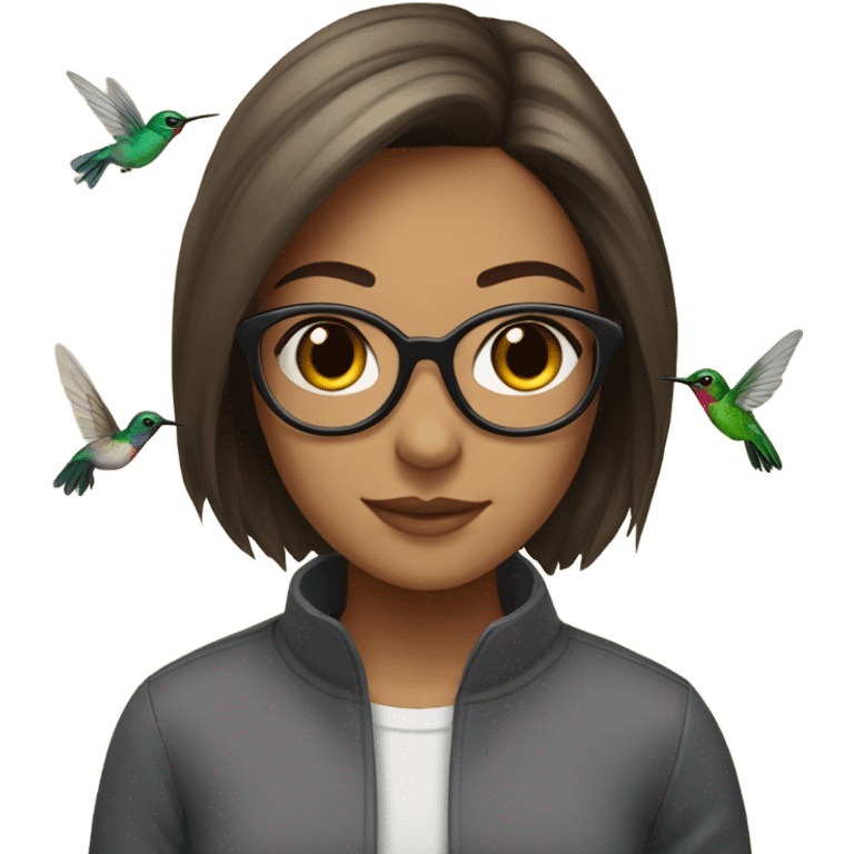 Girl, brunette, with short hair, wearing glasses with a hummingbird next to her emoji