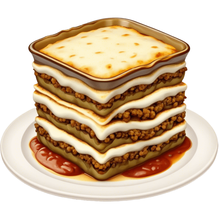 Cinematic Realistic Moussaka Dish Emoji, depicted with layers of eggplant, minced meat, and b√©chamel sauce rendered with rich textures and warm, inviting lighting that captures its Mediterranean flavor. emoji