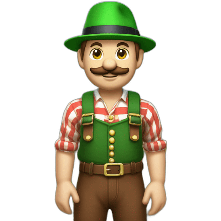 bavarian octoberfest visitor in super mario style. With a green hat, blue and white stripes shirt and brown leather pants.  emoji