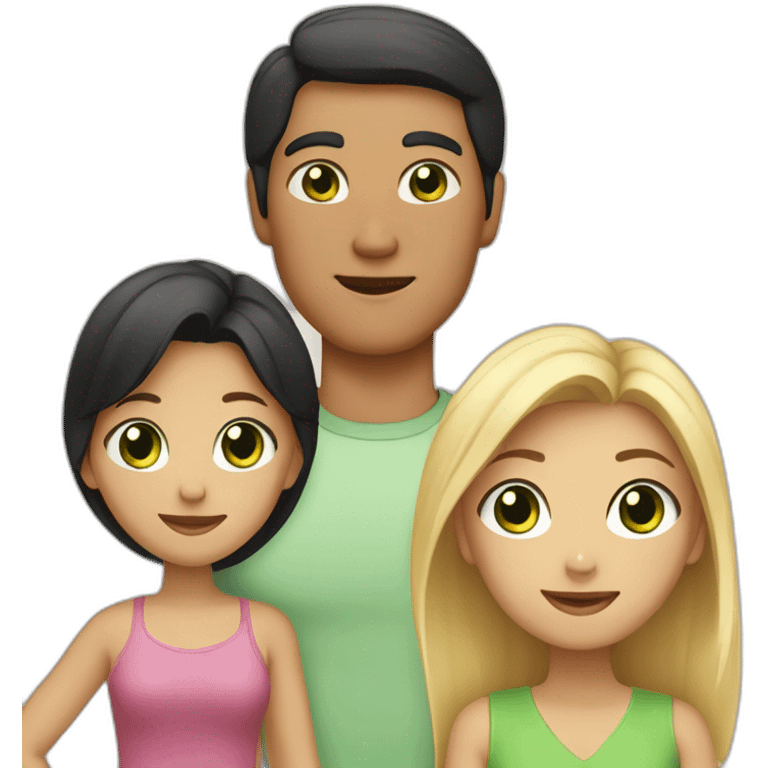 A family with a man having black hair and Asian black eyes, and a woman with blonde hair and green eyes, and a daughter with brown hair. emoji