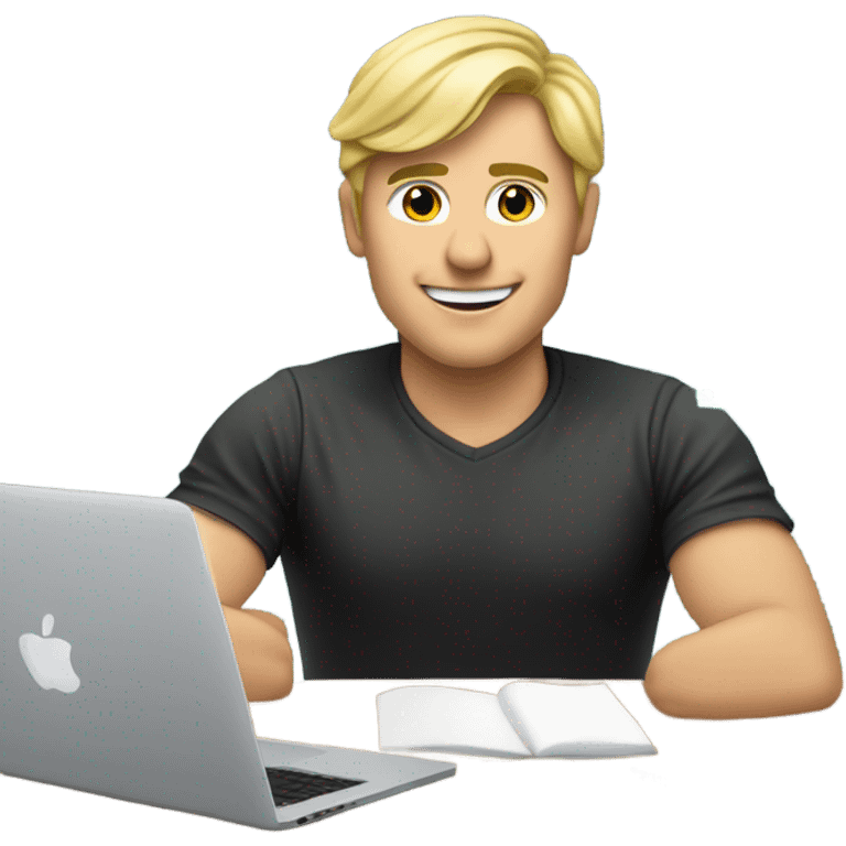 male ,Desk with macbook and pcb, european blond with classs emoji