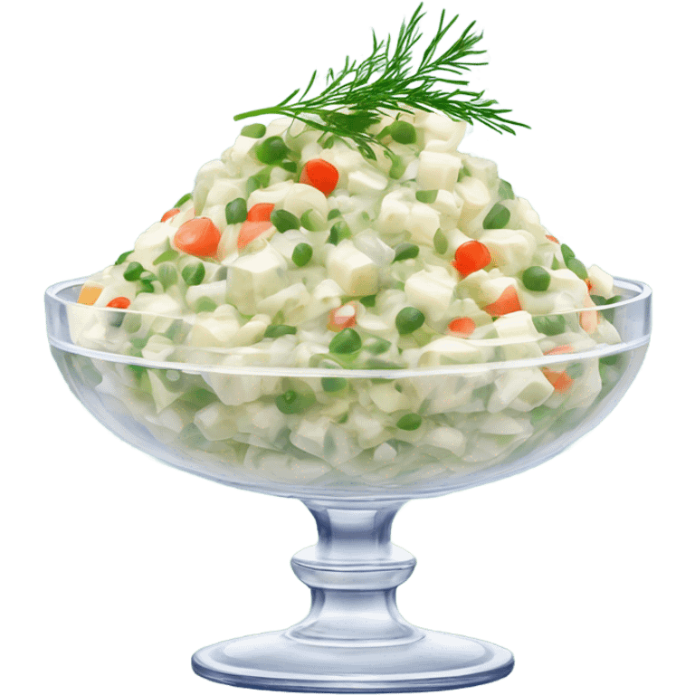 russian salad olivier on a crystal bowl, dill on top of a dish, view from the side  emoji