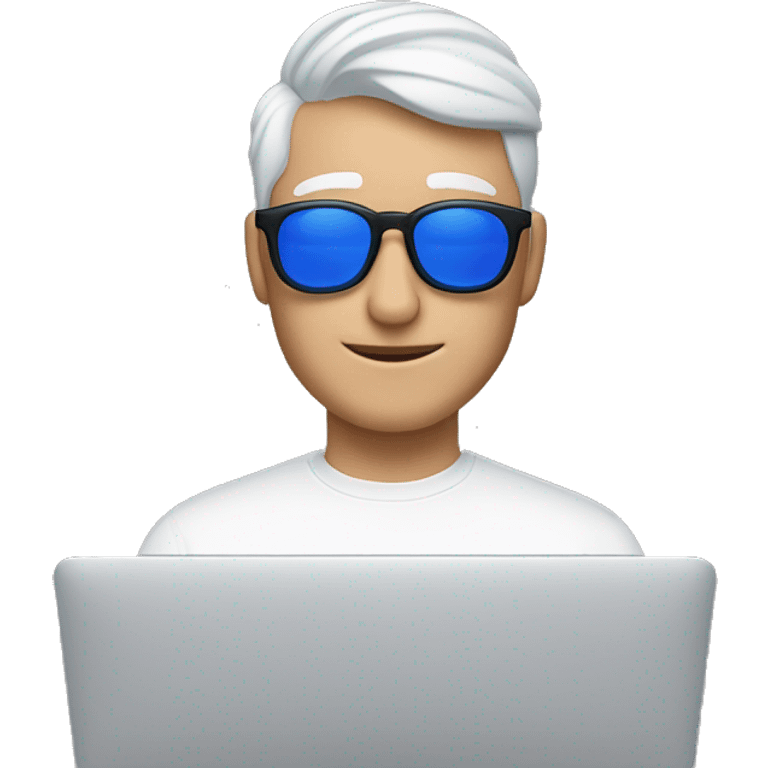 Create a white male with blue light glasses in front of a MacBook with AirPods Max on and a backwards ha emoji