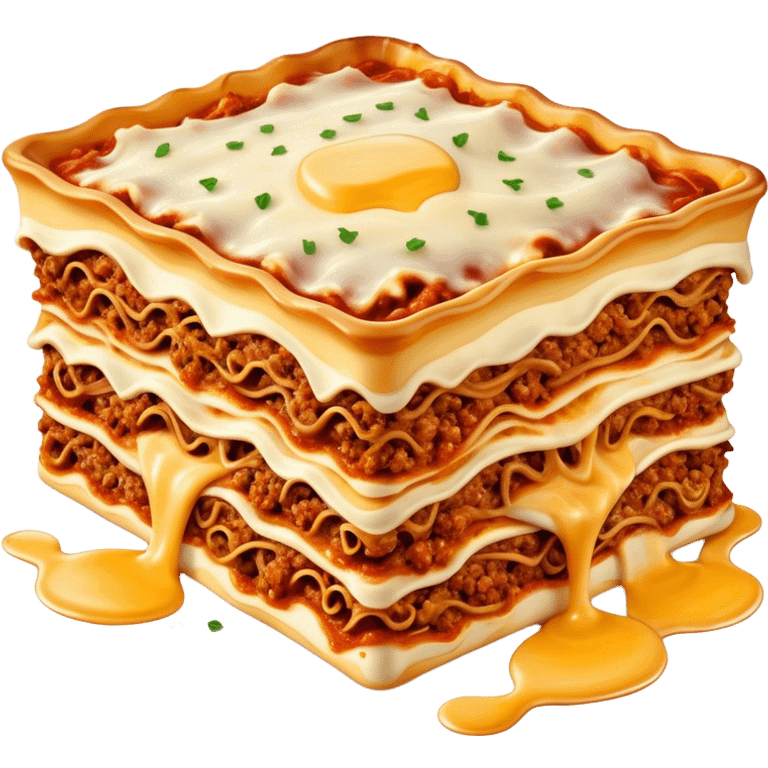 Lasagne alla Bolognese Cinematic Realistic Lasagne alla Bolognese Dish Emoji, depicted as a messy, layered pasta dish overflowing with melted cheese and rich meat sauce, rendered with hearty textures and warm, indulgent lighting. emoji