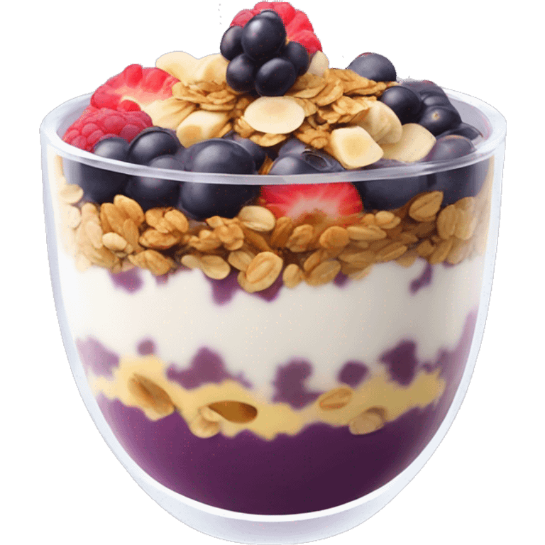 Açaí in a clear cup with layers of fruits and granola and condensed milk emoji