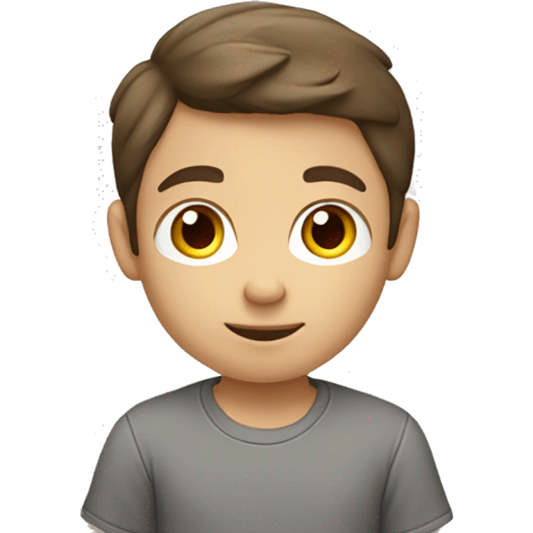 A little boy with brown hair and in a grey shirt studying  emoji