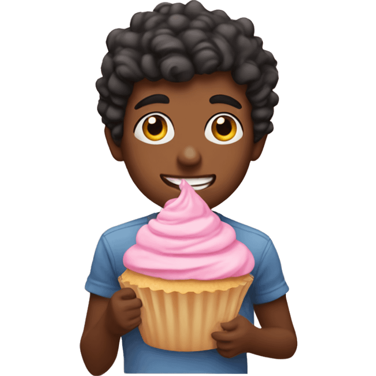 Boy eating pastel pink cupcake with berries emoji