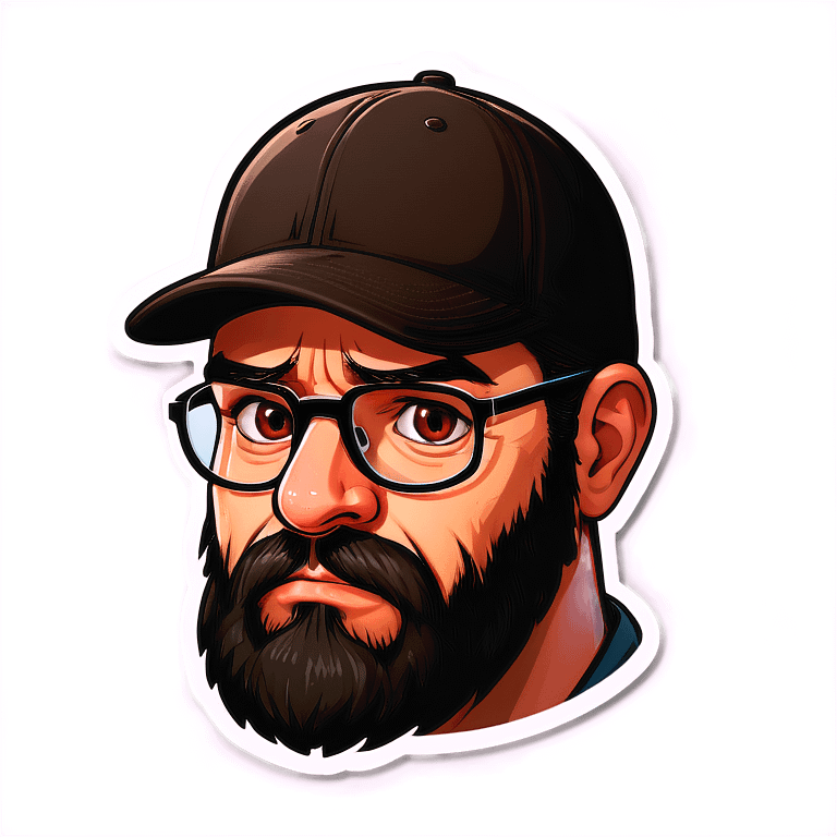 A man with a grey baseball cap, hazel eyes, big dark brown beard and glasses, crying emoji