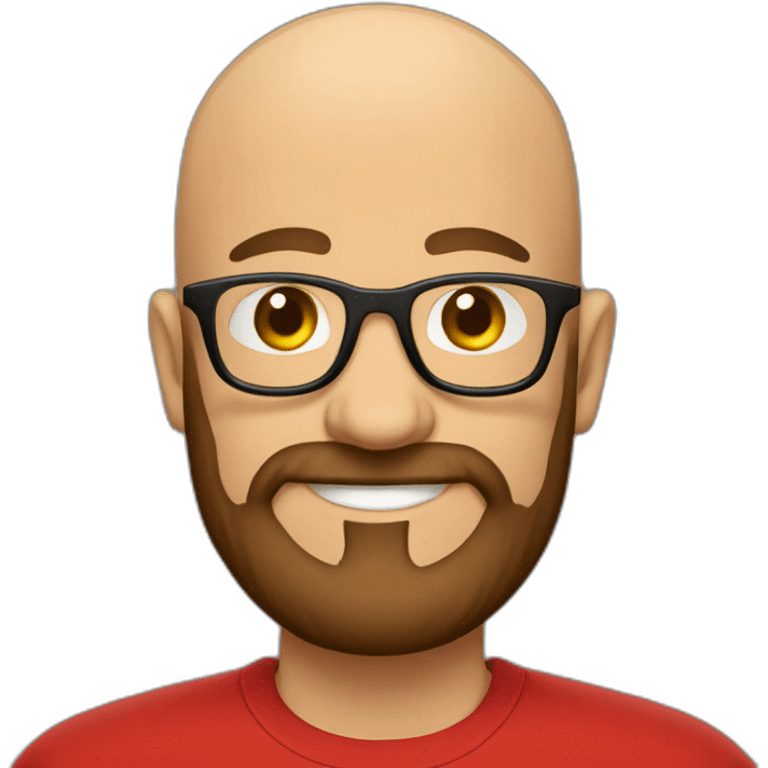 Bald man smiling with glasses and big bushy brown beard with. Wearing red t shirt emoji