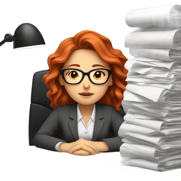 red hair woman nutritionist wearing glasses taking a nap desk monitor stack paper emoji