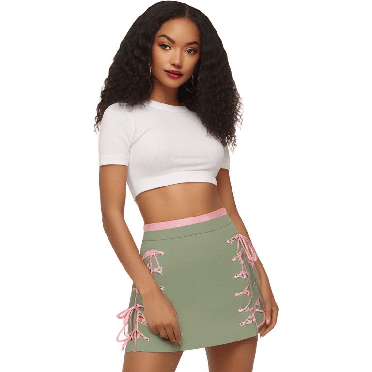 Sage green a-line mini skirt with pink lace up on the sides and bows and embroidery, isolated emoji