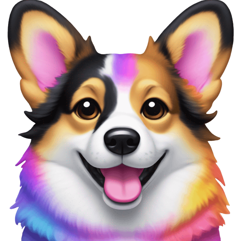 Tri-colored corgi with black near temples in the style of Lisa Frank with toy emoji