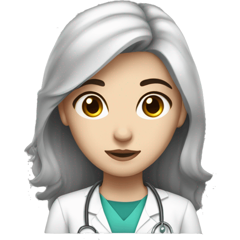 Medical student girl with fair skin, dark hair and really dark eyes. emoji