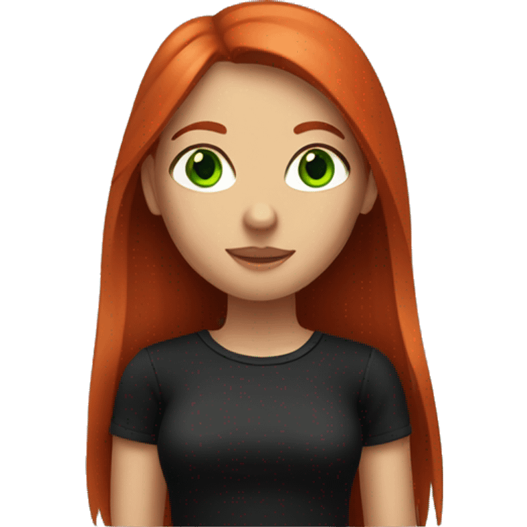 a girl in a black T-shirt with long straight red hair, freckles and green eyes emoji