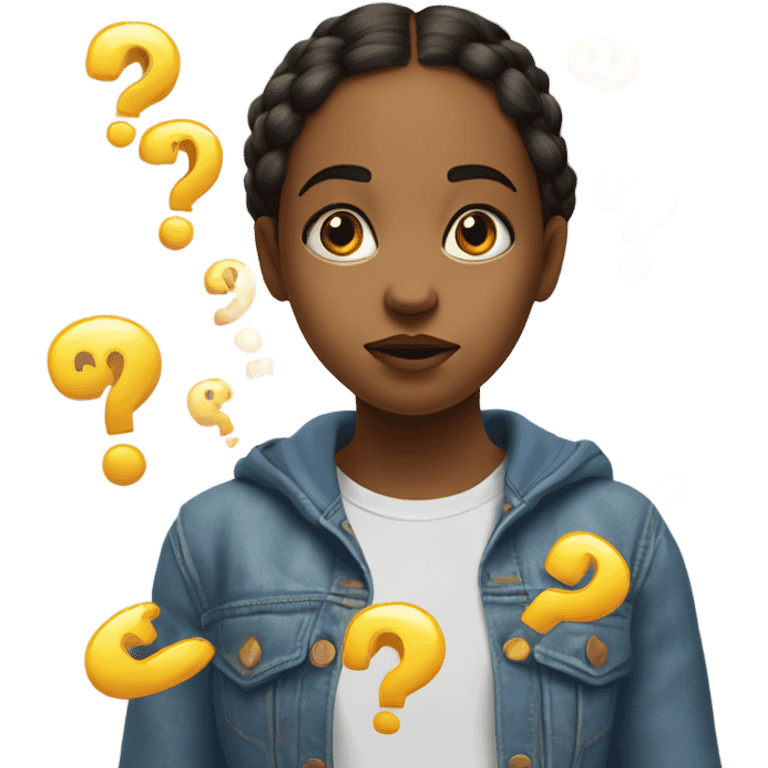 A curious young girl with a puzzled expression, hands extended outward in a questioning gesture, surrounded by floating question marks emoji