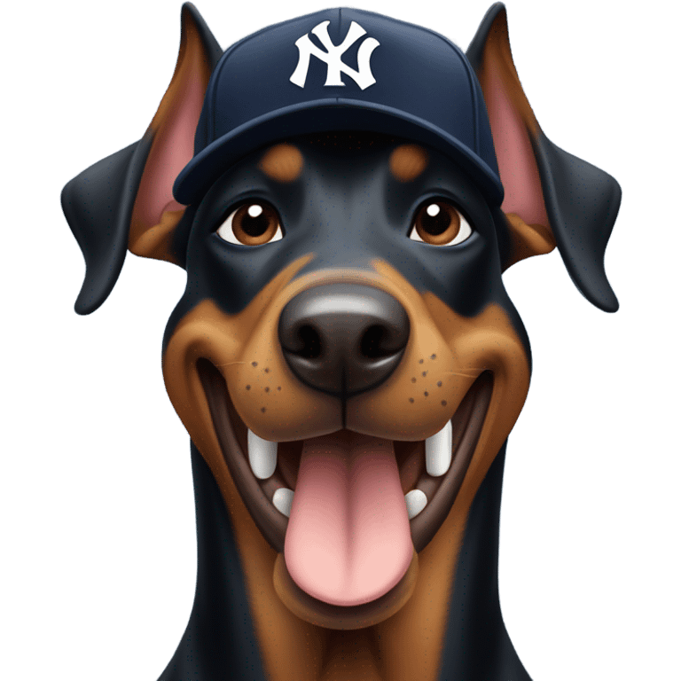 A furry doberman wearing a Yankees cap, winking and sticking out its tongue emoji