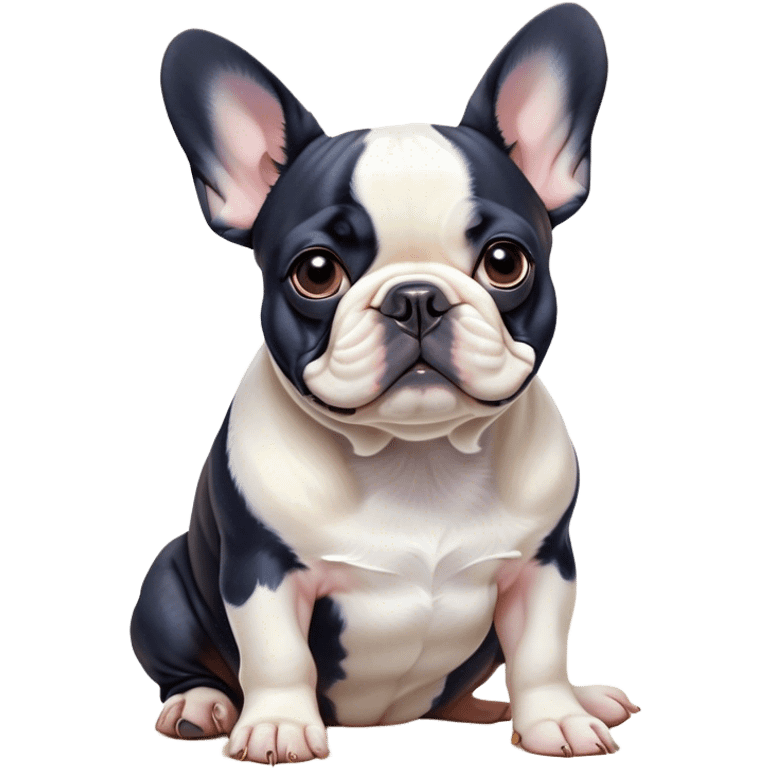 Cinematic Noble Pied French Bulldog Portrait Emoji, Radiating regal yet playful charm, with a distinctive pied fur of contrasting hues and a sculpted, expressive face featuring gentle, wise eyes and a confident stance, simplified yet artistically detailed, glowing with a soft, sophisticated radiance, high shine, exuding intelligent nobility and refined flair, soft glowing outline, capturing the essence of a noble Pied French Bulldog that embodies both strength and grace! emoji