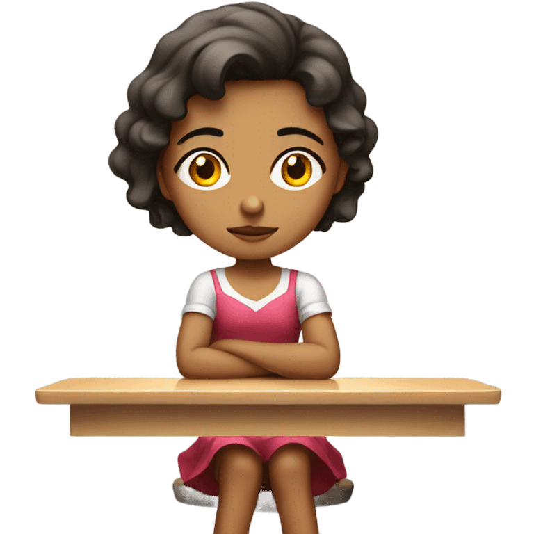 Girl in a short dress sitting at a table looking bored  emoji