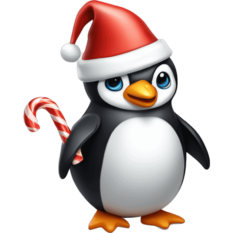 Cute penguin wearing a Santa hat and having a candy cane in its beak emoji