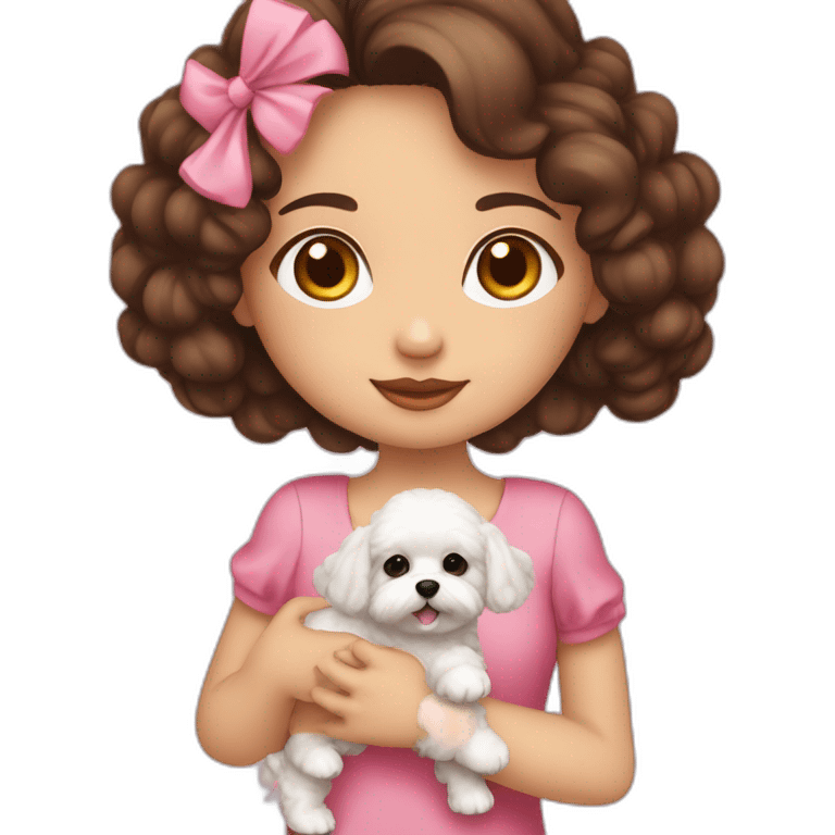 girl brunette hold on the hand, dressed in pink dress small white puppy girl maltipoo emoji