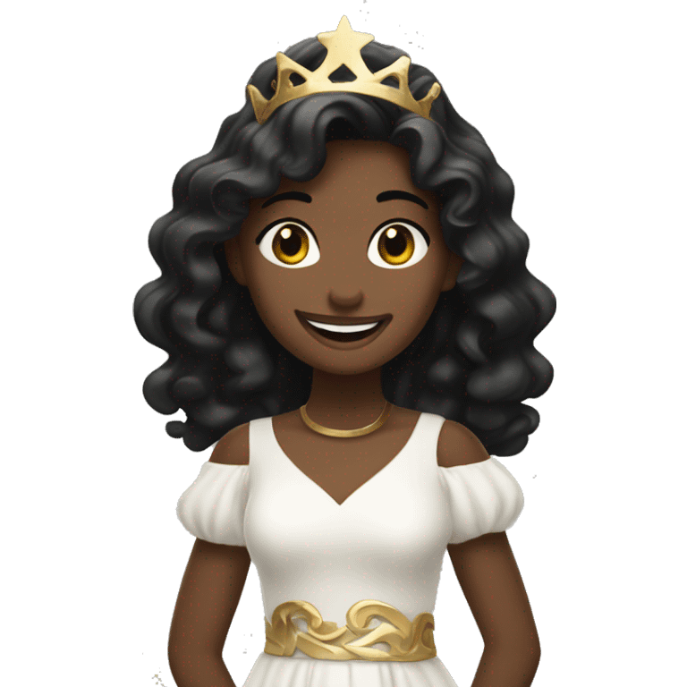 A girl with wavy black hair, wearing a white dress with gold details, smiling softly in a festive setting. emoji