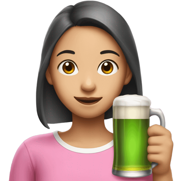 Asian girl in pink T-shirt with elf ears drinks beer emoji