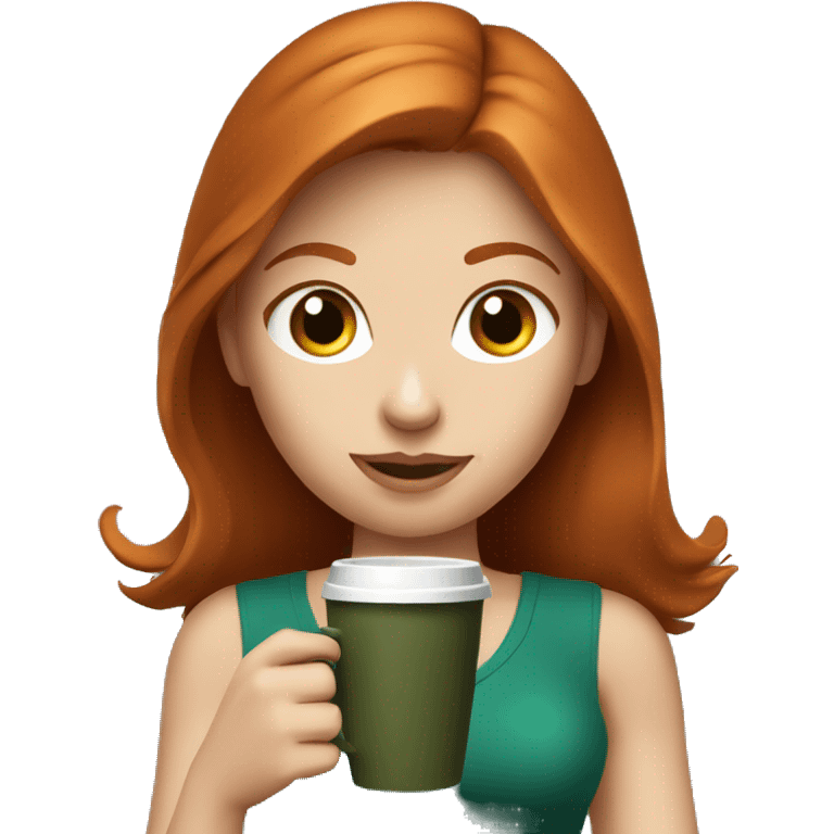 Redhead fitness girl with blue eyes in dark green top with coffee emoji