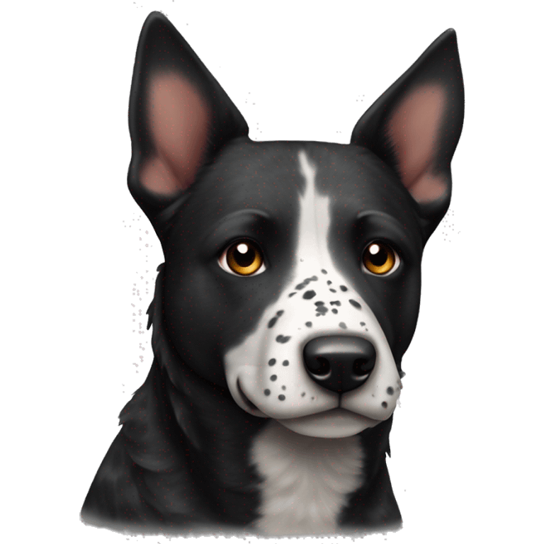 Black cattle dog with pointy ears and white be stripe down nose and spotty chest  emoji