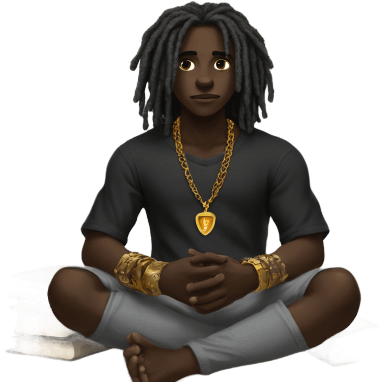 darkskin boy dreads black shirt grey sweats gold bracelets necklaces reading bible emoji