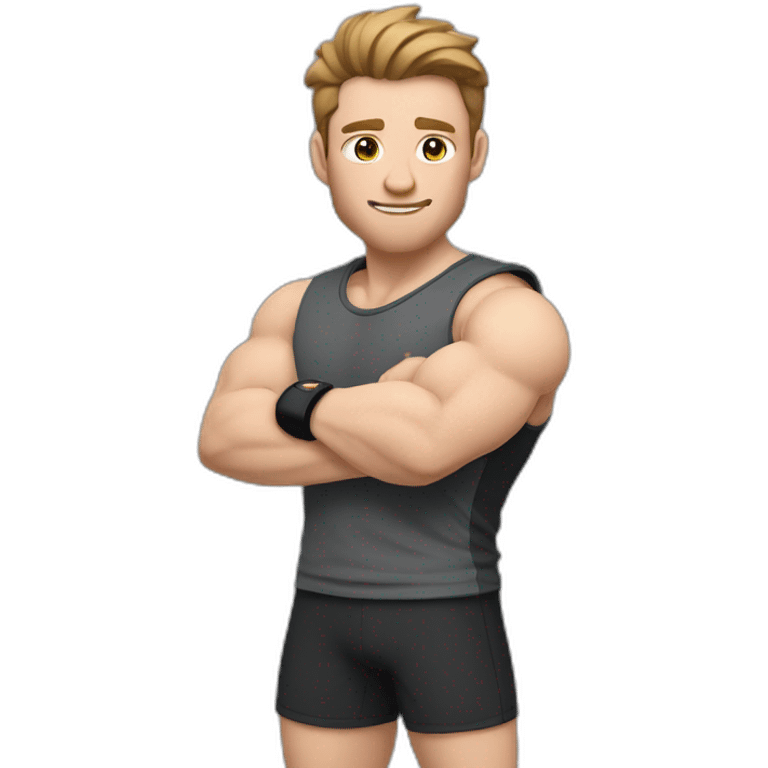 Close up Actively gesturing  with hands Pale skinned Fit Man With the biceps and brown hair in dark gray Sleeveless Mike, black oversize sports shorts, watch and white Sneakers emoji